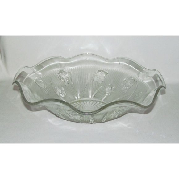 Jeannette Glass IRIS AND HERRINGBONE Crystal Large Ruffled Centerpiece Bowl - Picture 1 of 3